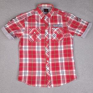 Swiss Cross Shirt Mens Medium Red Plaid Button Down New York Short Sleeve Preppy